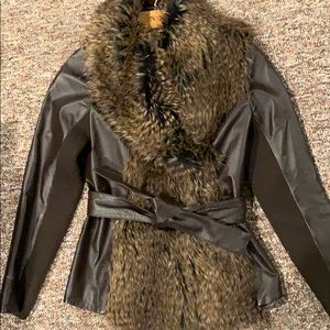 Caché Brown Leather Faux Fur Jacket